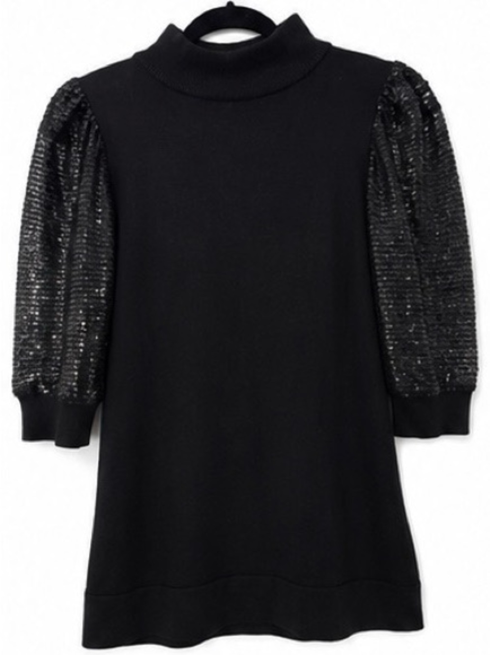 Carmen Marc Valvo Black Sequin Puff Sleeve Turtleneck Sweater M
